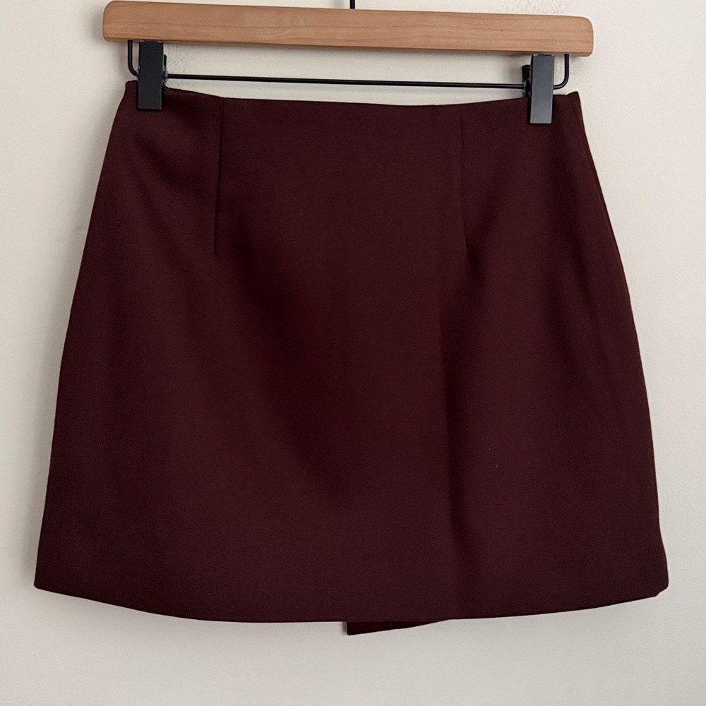 Commense Retro Belted Zipper Skirt chocolate brown faux wrap asymmetric XS nwt - Picture 4 of 8